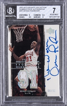 2003-04 UD "Exquisite Collection" Number Piece Autographs #DR Dennis Rodman Signed Game Used Patch Card (#56/91) – BGS NM 7/BGS 9